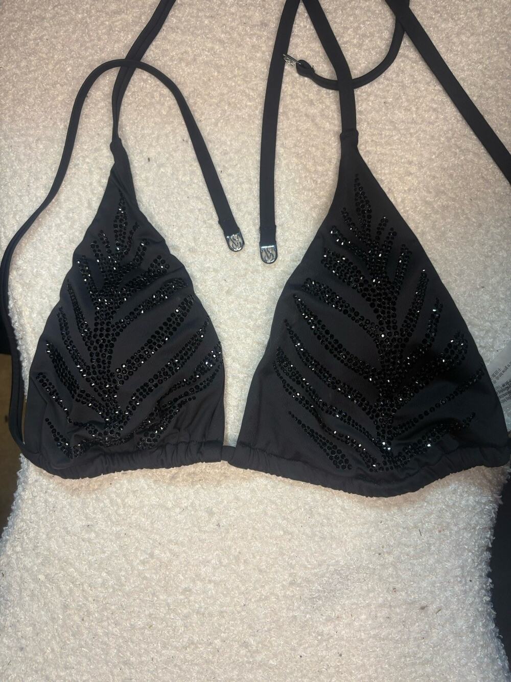 NWT Victorias Secret Black Beaded Triangle Bathing Suit Top Size L OP $70